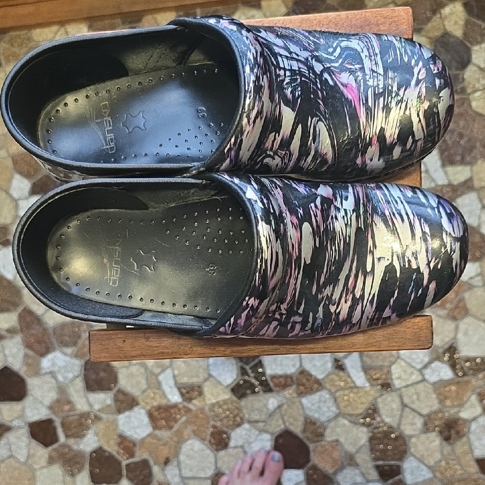 Dansko Artistic Black and Pink Clogs